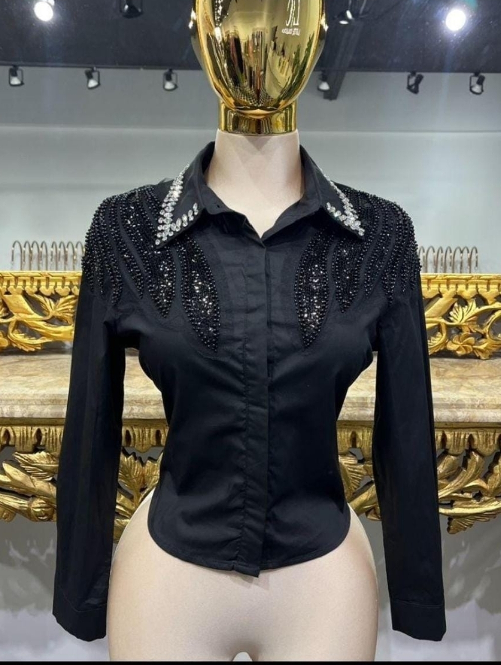 Embellished Black Button-Down Shirt with Crystal Collar